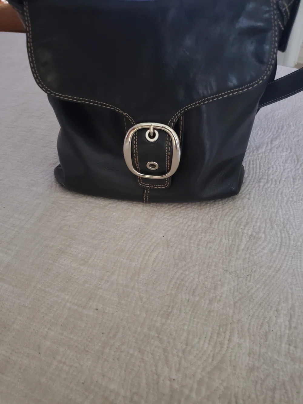 Black Coach Leather Crossbody Bag with Silver Buckle